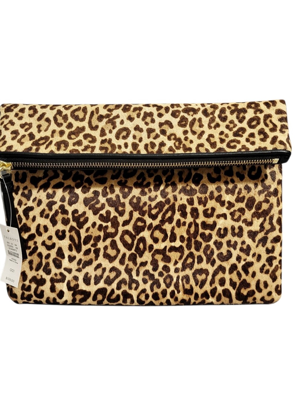 Talbots Foldover Clutch Bag Purse Leopard Print 100% Leather Calf Hair Mob Wife